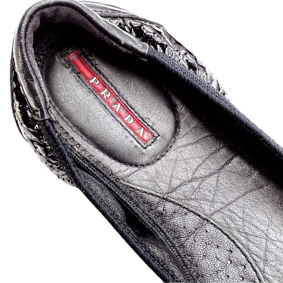 Prada | Black Patent Leather Ballet Flats w/ Logo Soles | Size 37 - Picture 4 of 10